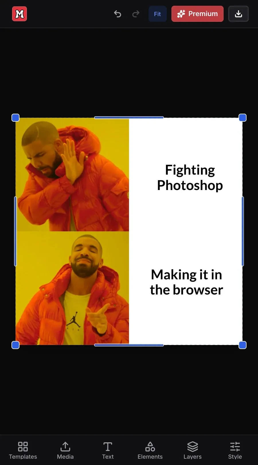 The Memer's editor with a two-panel Drake meme on the canvas, captioned “Fighting Photoshop” and “Making it in the browser”